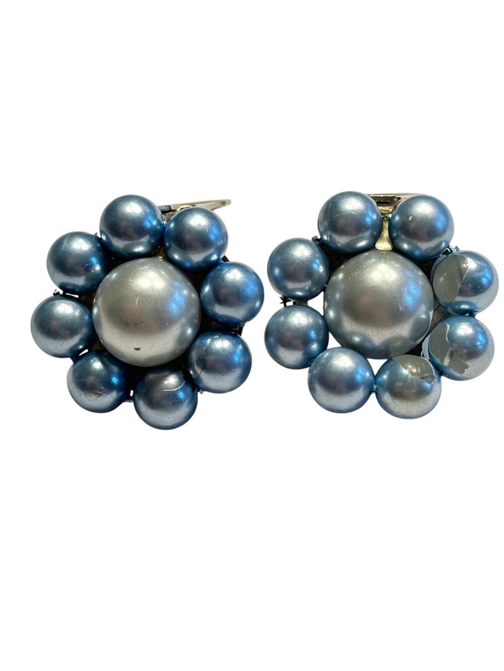 Clip on earrings vintage mid century light blue bead clusters classic dressy